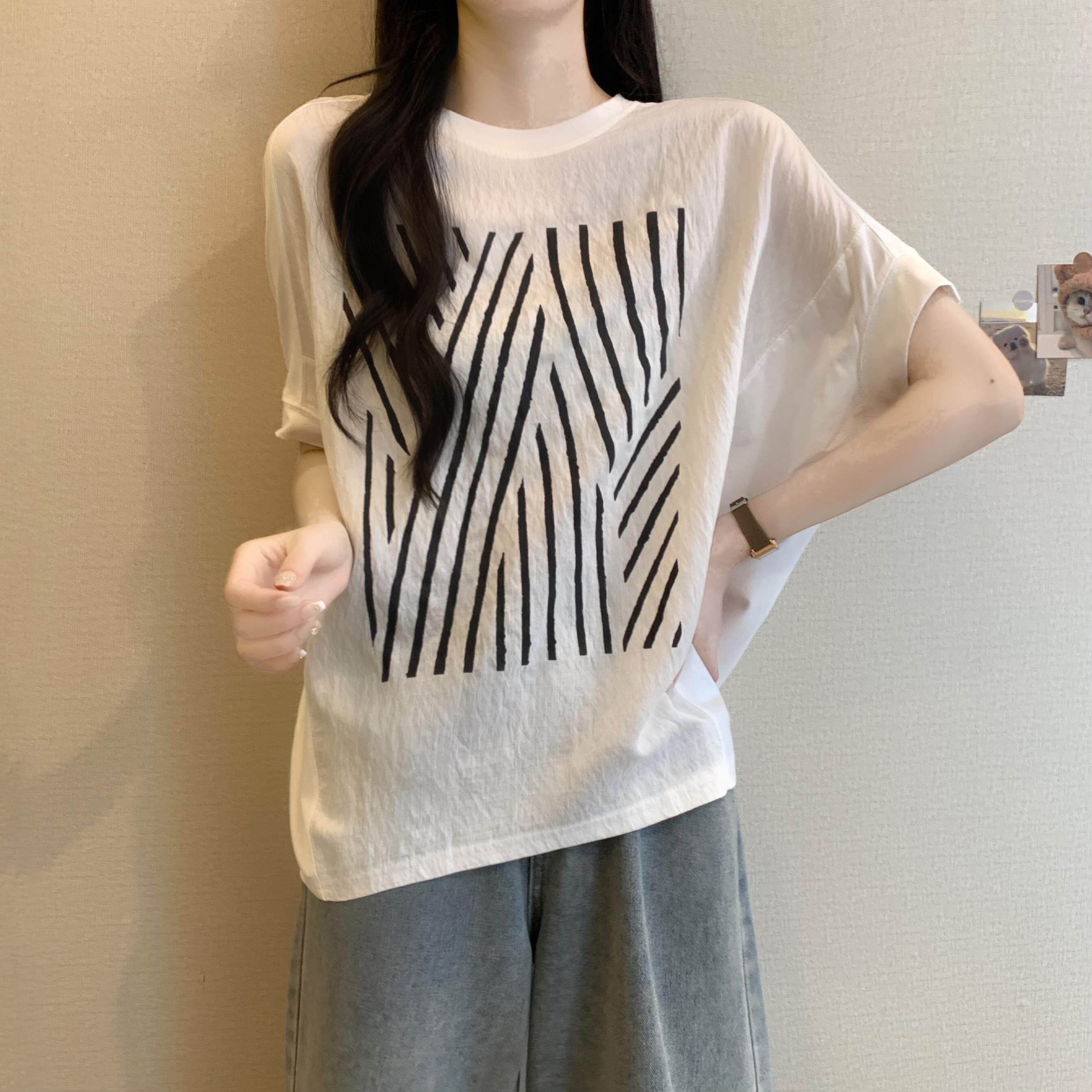 蝙蝠袖正肩短袖T恤女士夏季薄款大尺码宽松显瘦胖mm遮肚针织上衣