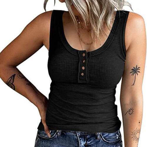 Women'S U-Neck Sleeveless Half Button Front Tank Slim Fit