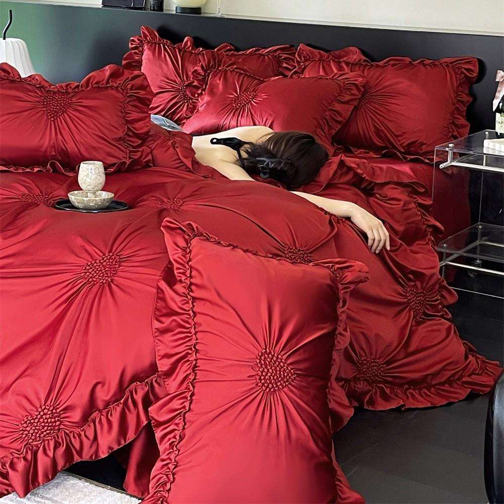 长绒棉+柔丝棉四件套简约花边婚庆款结婚红色被套床上用品