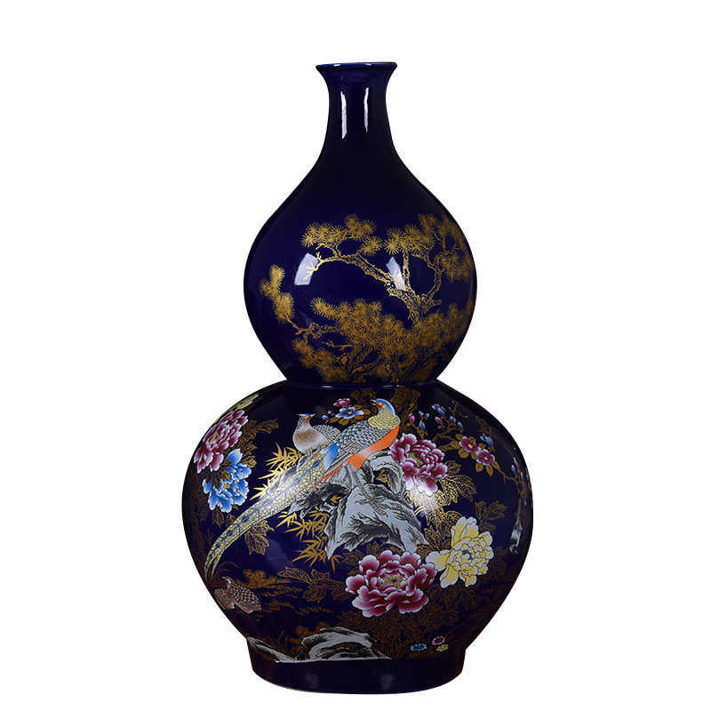 花鸟陶瓷家居蓝色瓶玄关葫芦室内陶瓷摆件葫芦花瓶地大落装饰品
