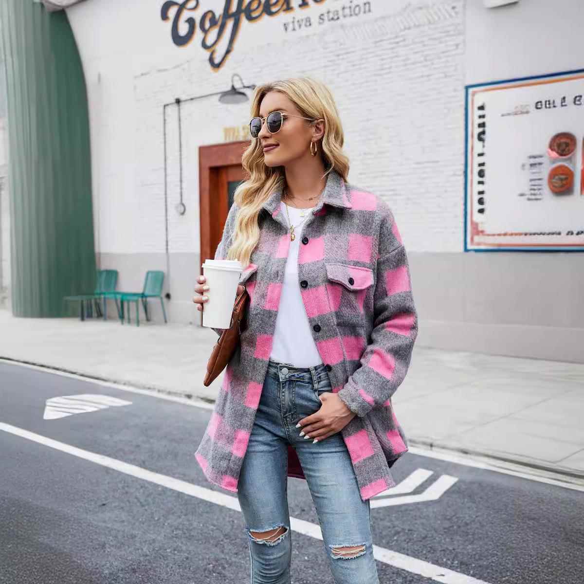 new autumn and winter coats women coats plaid mohair button