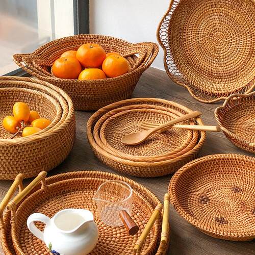 越南藤编收纳篮竹编篮子馒头筐客厅家用果篮手工托 托盘编织果盘