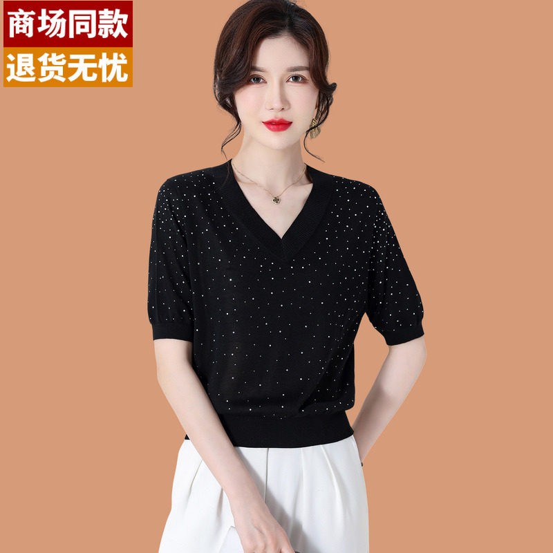 真丝短袖t恤女夏装2026新款高级感轻奢烫钻妈妈v领上衣冰丝针织衫