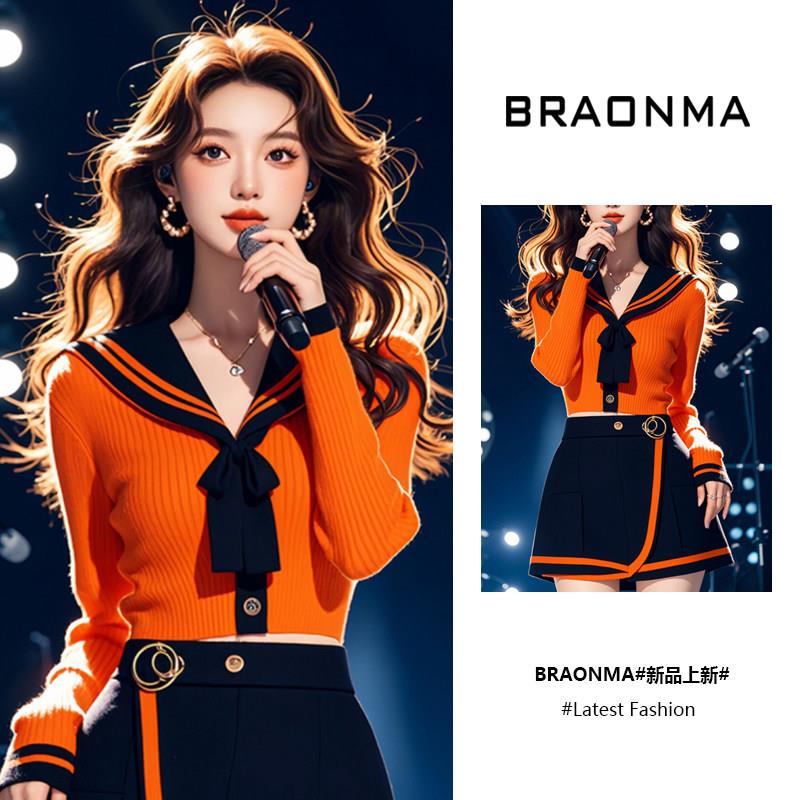 BRAONMA 独特别致~甜辣妹海军领蝴蝶结系带短款长袖针织打底衫女