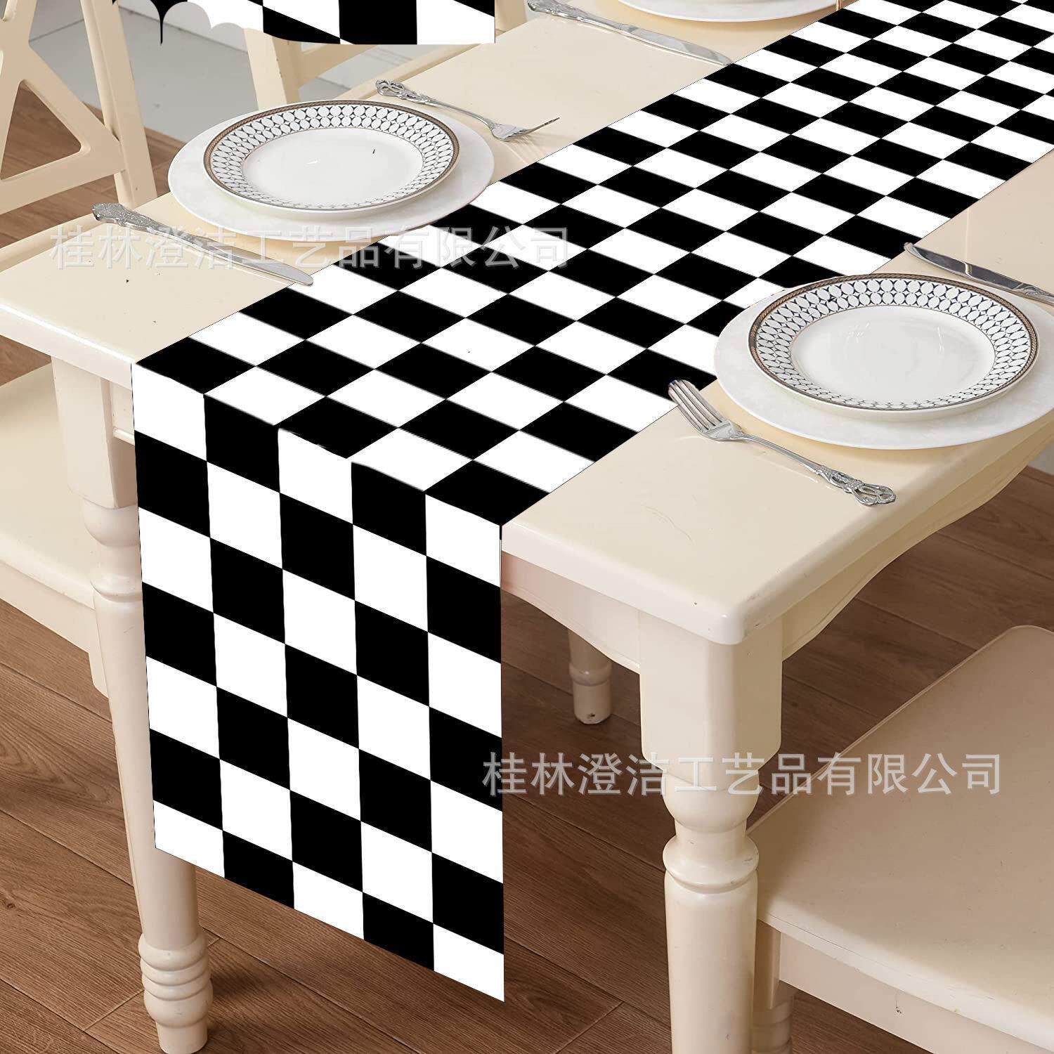 跨境新款亚马逊棋盘格子黑红绿蓝亚麻布涤纶布桌旗活动装饰可设计