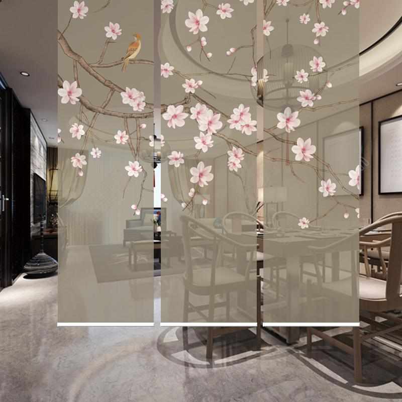 现代中式复古花鸟透景屏风隔断欧式简约卧室客厅书房茶道禅意卷帘