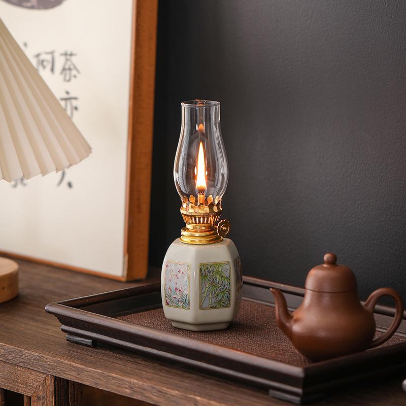 青花陶件瓷酥油WX2408灯氛围灯茶桌摆茶室装灯饰品长明灯家露营用