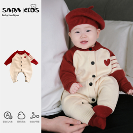 婴儿衣服春秋款宝宝满月百天红色亲子系列针织连体衣外出毛衣爬服