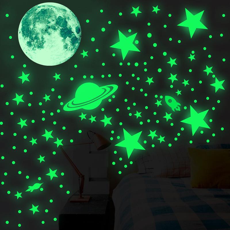 夜光贴画儿童房背景墙面贴纸发光月球星空荧光创意装饰墙贴防水帖图片