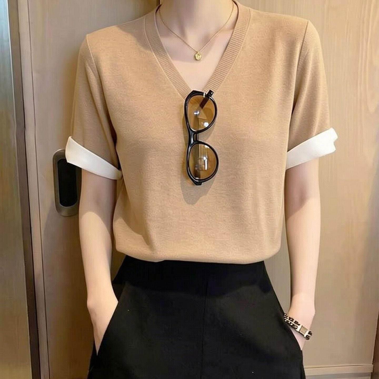 潮牌法式温柔风撞色V领短袖针织衫女时尚新款设计感显瘦百搭上衣