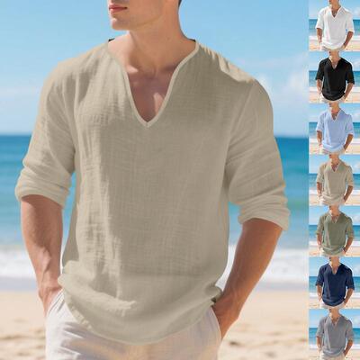 Men Spring Autumn Linen V Neck Sleeve Shirt Casual Hippie