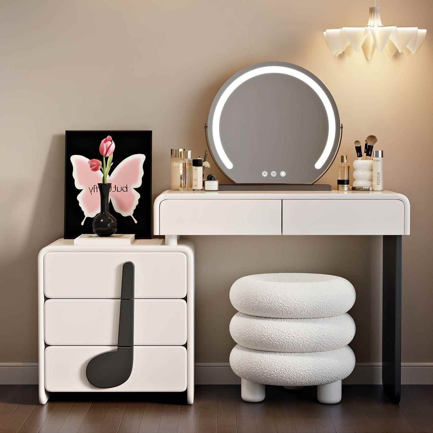 奶油风梳妆台现代简约小户型化妆桌子主卧化妆台斗柜一体2025新款