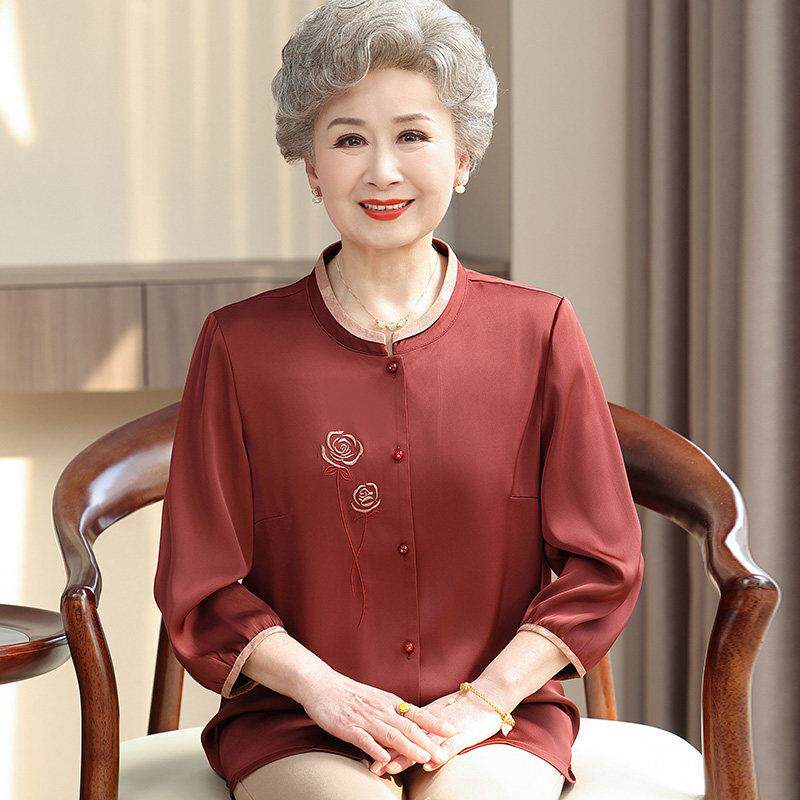 喜宴中老年人衬衫女圆领夏装桑蚕丝100%套装奶奶国风真丝上衣开衫