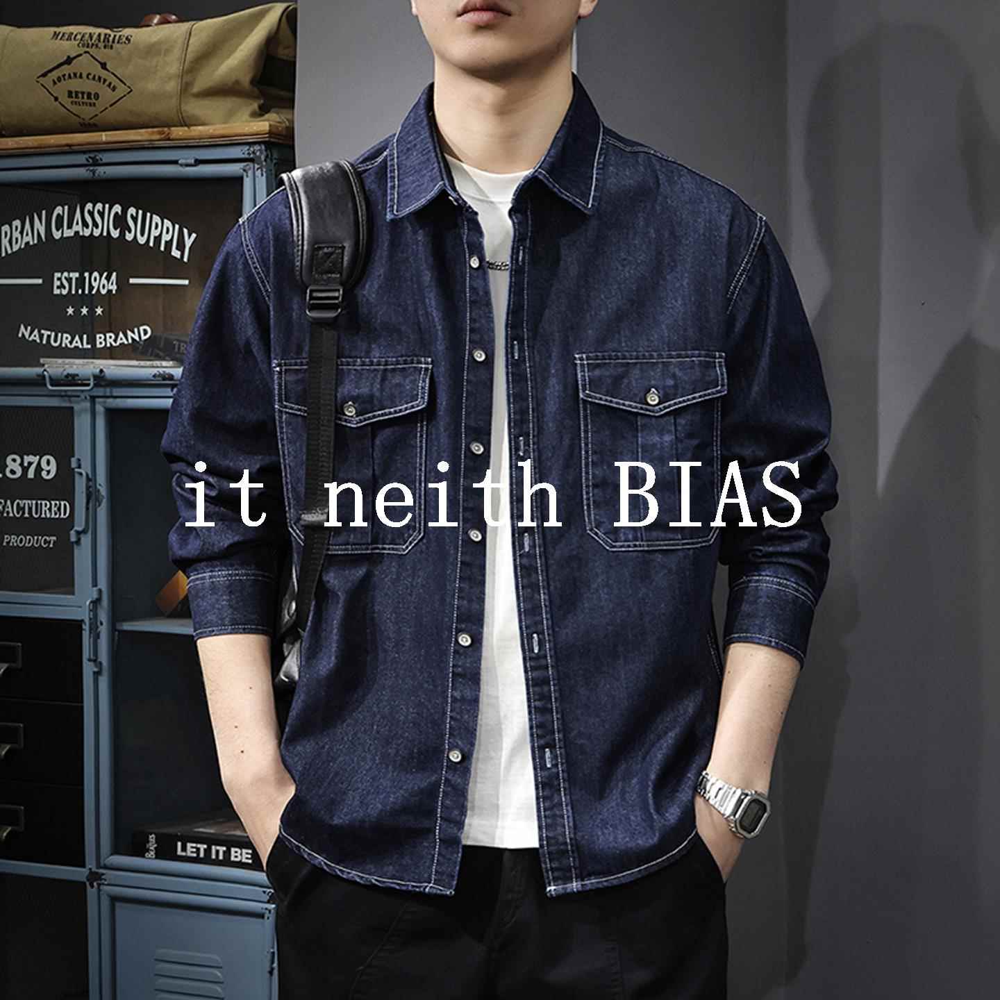 it neith BIAS2025秋新款辑明线复古牛仔衬衫男宽松纯棉工装衬衣