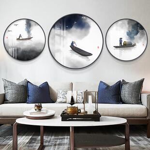 网红禅画意新中圆形装饰画客式厅背景墙走沙廊过道玄关挂画渔发翁