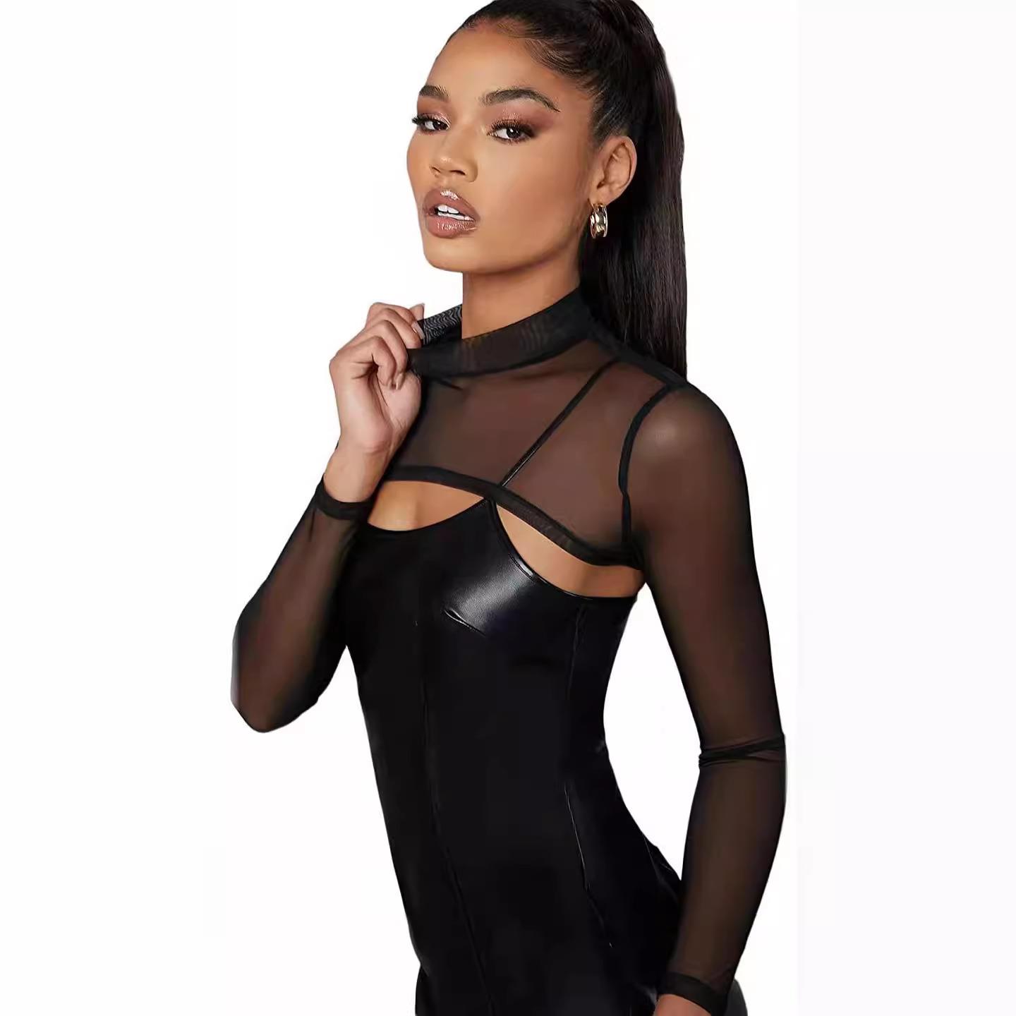 Womens long-sleeved half-high collar slim-fitting tulle