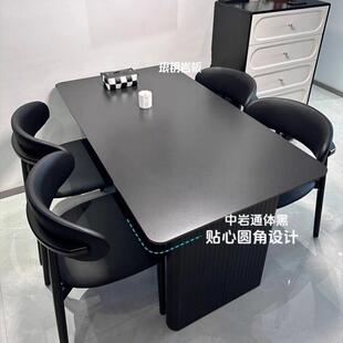 小户型轻奢家用简约饭桌长方形 现代黑色餐桌岩板餐桌椅组合意式