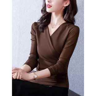 修身 秋冬女打底衫 网纱长袖 新款 交叉V领T恤显瘦气质上衣洋1221k1 装