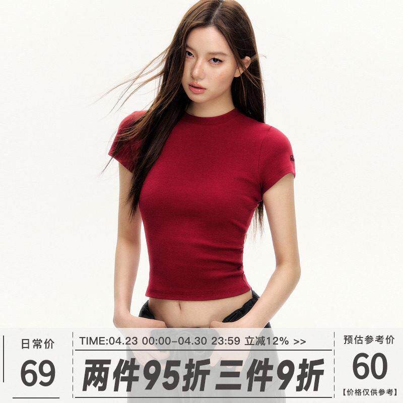 101PASSION 红色短袖T恤女夏季正肩修身显瘦收腰辣妹短款露脐上衣