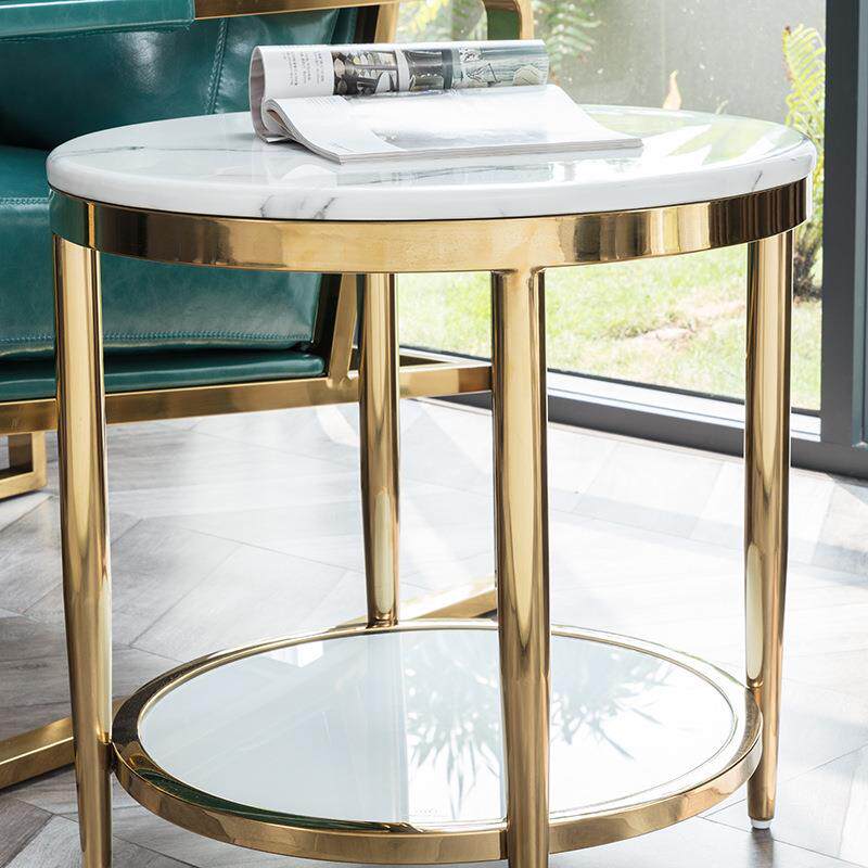 后现代轻奢镀金大理石边几 简约客厅角几 沙发双层圆形不锈钢茶几
