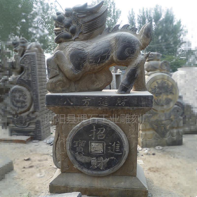 石雕麒麟仿古门墩石雕塑青石做旧麒麟抱鼓石招财摆件