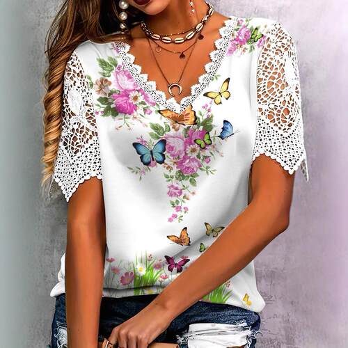 Lace Patchwork Women Colorful Butterfly Floral Print Sleeve