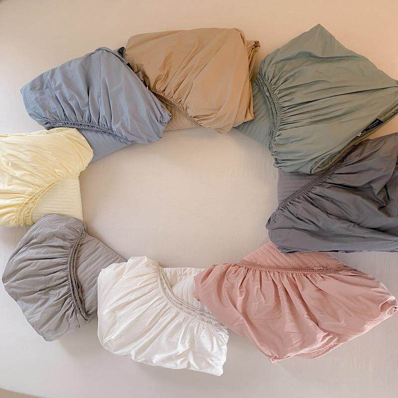 韩式博主风纯色直条绗缝夹棉加高床罩全棉全包围床垫保护套床笠++