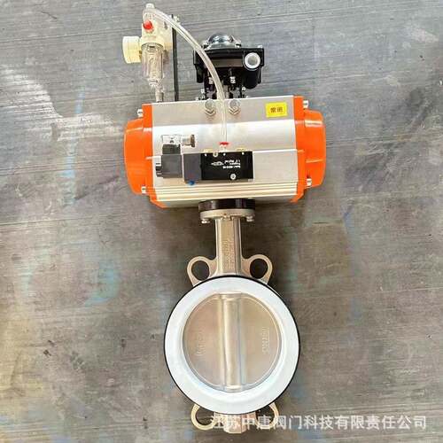 D671F-16P不锈钢气动四氟对夹蝶阀 气动对夹式软密封衬氟蝶阀