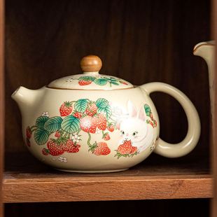 米黄汝窑西施壶草莓小兔开片功夫茶具陶瓷茶壶单壶家用会客泡茶壶