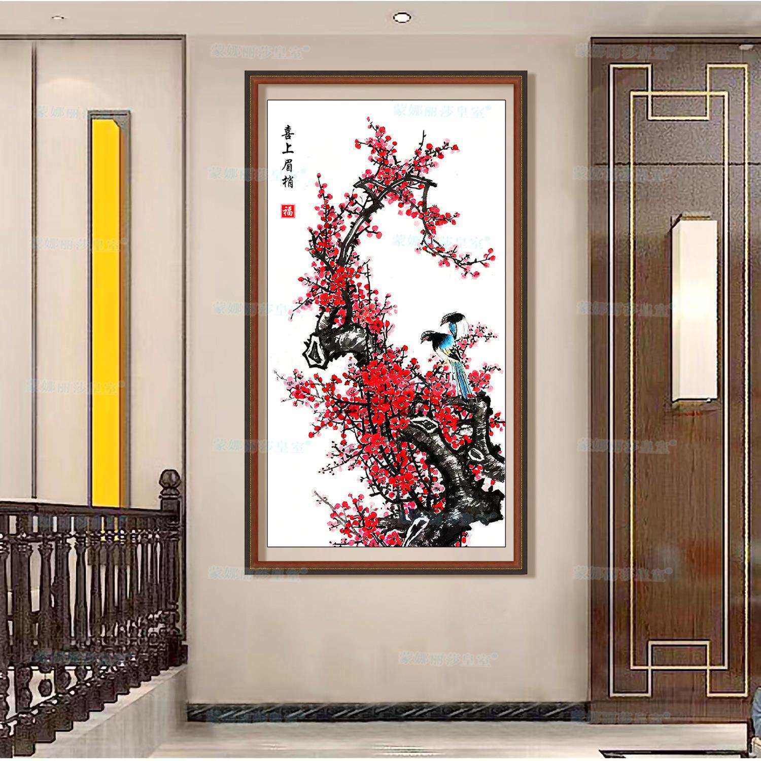 喜上眉梢十字绣2024新款线绣客厅竖版玄关水墨山水画风景大幅简单