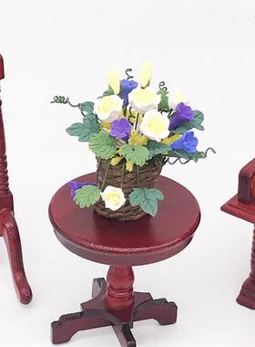 1:12迷你娃娃屋dollhouse花卉微缩花园客厅摆件编织篮黄玫瑰花盆
