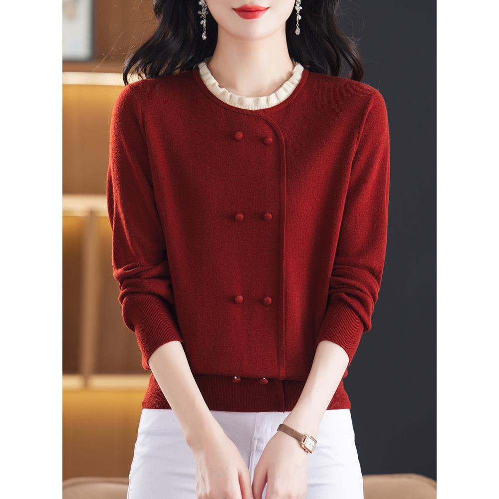 红色针织上真菌领底衬衫女式秋季服装2025新款春秋季风格小衬衫妈