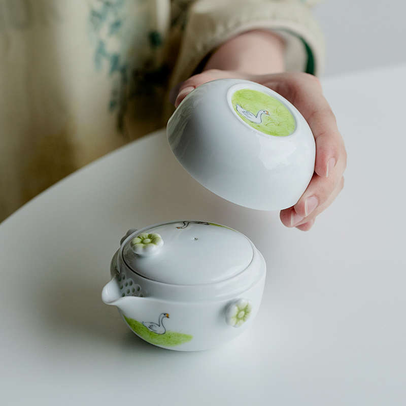 小清新纯手绘旅行茶具套装便捷式户外茶具陶瓷快客杯一壶一杯简约