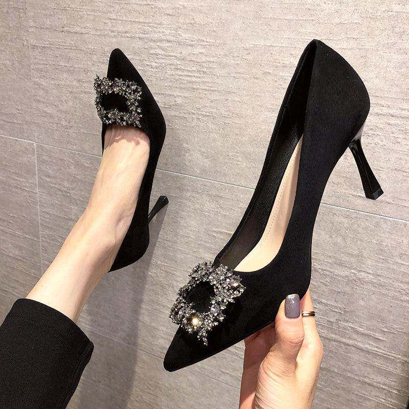 潮牌单鞋女2025春秋新款百搭法式黑色职业高跟鞋网红水钻细跟女鞋