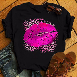 Pink Leopard Lips Tshirt 夏季黑色女装个性豹纹嘴唇印花T恤短袖