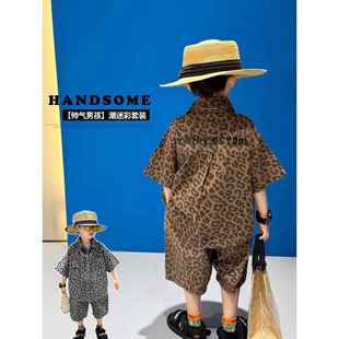 韩国Uamtor男童夏季酷帅套装男孩豹纹时髦薄款衬衫短裤两件套