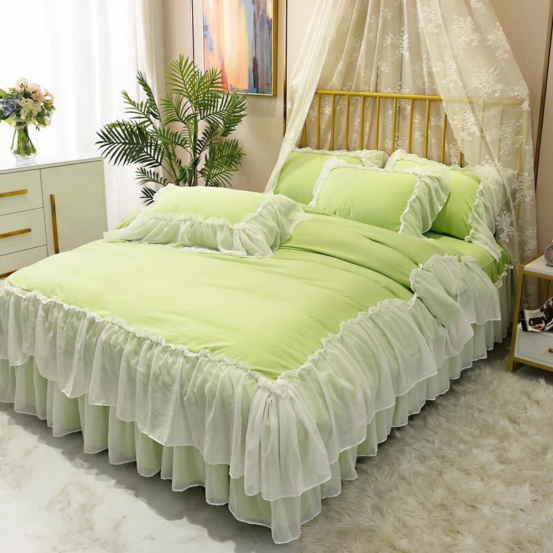 新款韩式公四主风少女心水丝棉蕾雪纺花边件套洗纯灰色床裙款床上