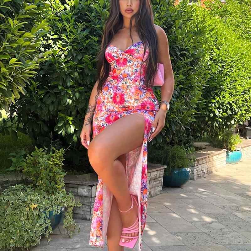 Summer digital V-neck backless sexy sling slit dress