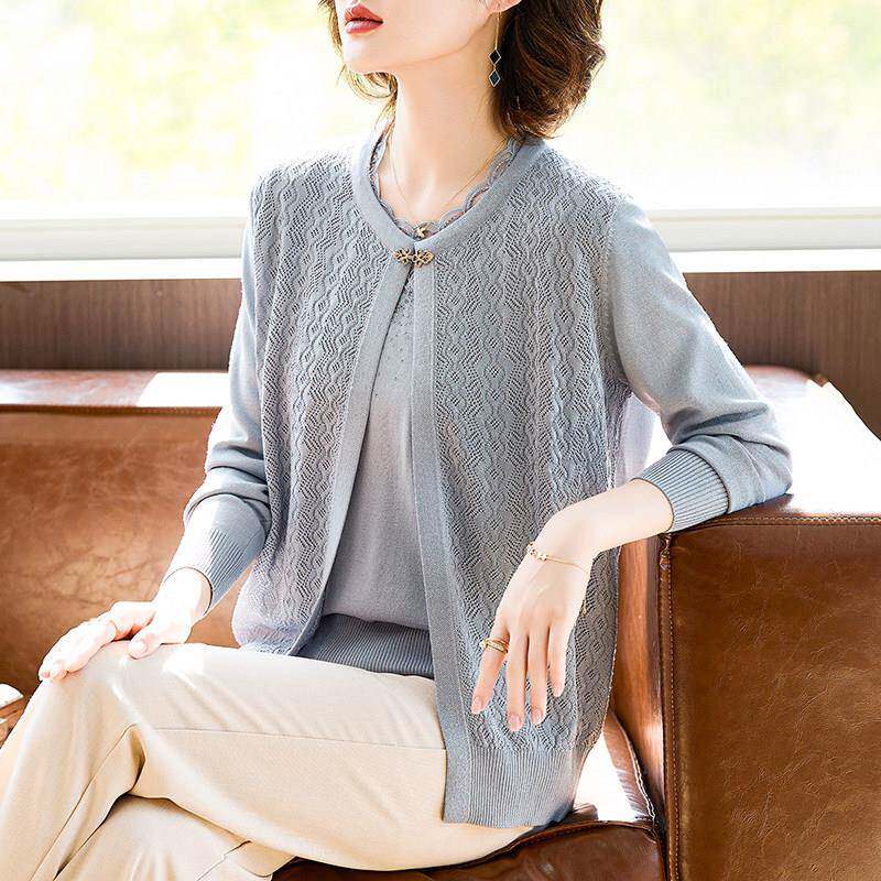 妈妈春装2025新款薄款外套短款针织开 衫中老年女装春秋洋派两件