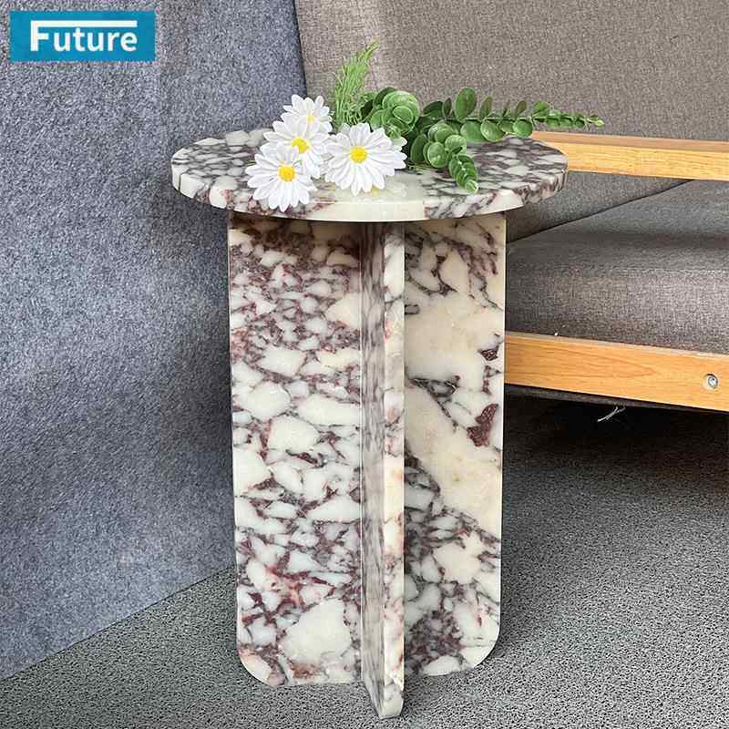 天然卡紫色大理石边几 简约撞色角桌茶花艺展示底座边柜圆咖啡桌