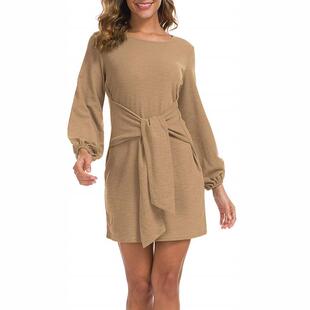 Women's waist cinched long sleeved tied dress