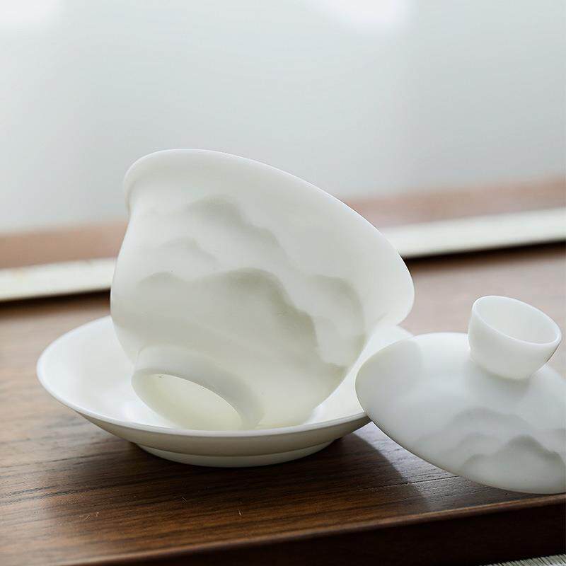 冰种玉瓷素烧茶具套装德化盖碗羊脂玉高档礼瓷水墨江山茶具