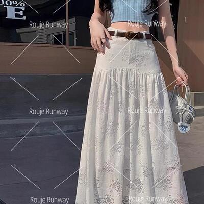 法式Rouje Runway高级质感白色蕾丝花边半身裙女高腰显瘦A字长裙