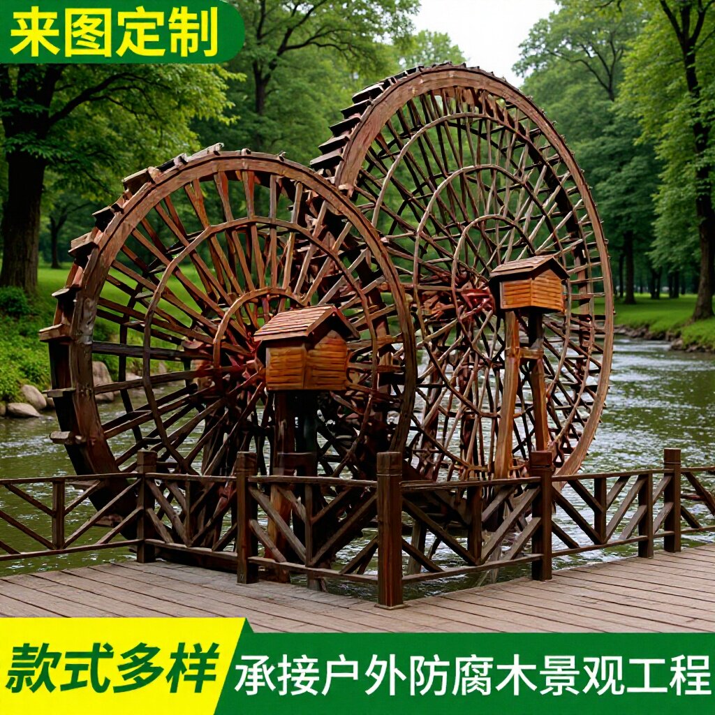 大型木质水车户外防腐木景观子母美丽田园乡村实木风车脚踏