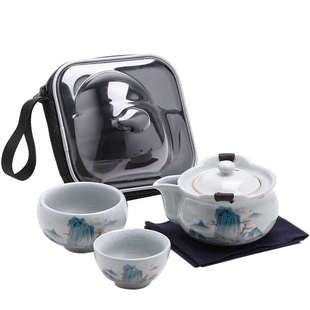 便携户外旅行茶具 哥窑千里江山快客杯一壶二杯简约手抓泡茶壶套装