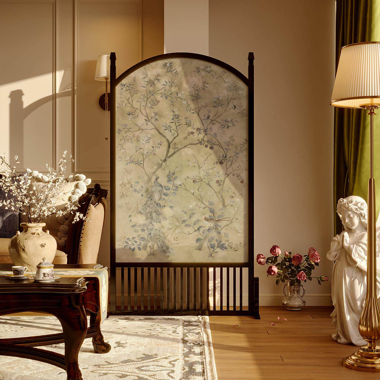 法式欧式美式实木屏风隔断客厅餐厅酒店装饰遮挡移动玄关花鸟座屏