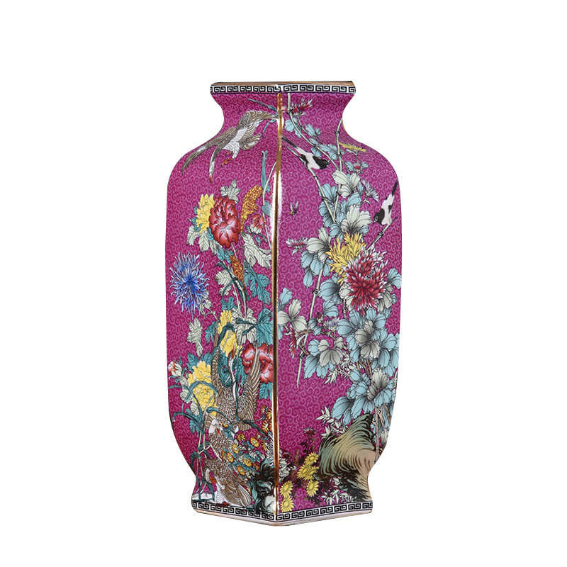 景德镇珐琅彩描金粉彩花鸟仿古四方瓶中式陶瓷花瓶家居摆件收藏品