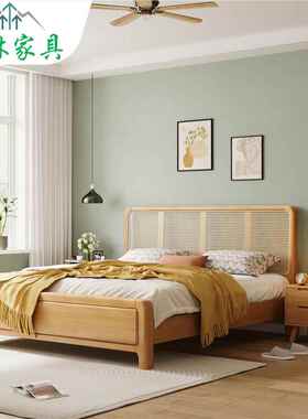 中古风复古黑色实木藤编床1.8m双人床侘寂风民宿一米五卧室单人床