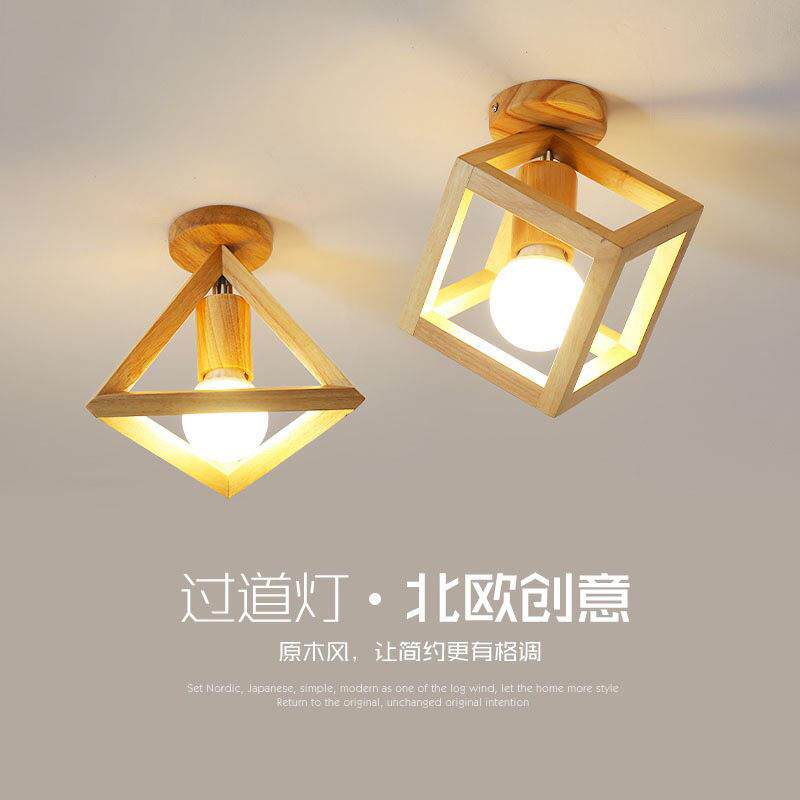 北欧过道灯LED门厅方形入户玄关阳台灯实木天花日式原木小吸顶灯