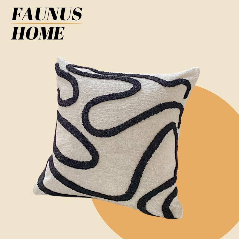 样板间黑金抽象线条刺绣抱枕被